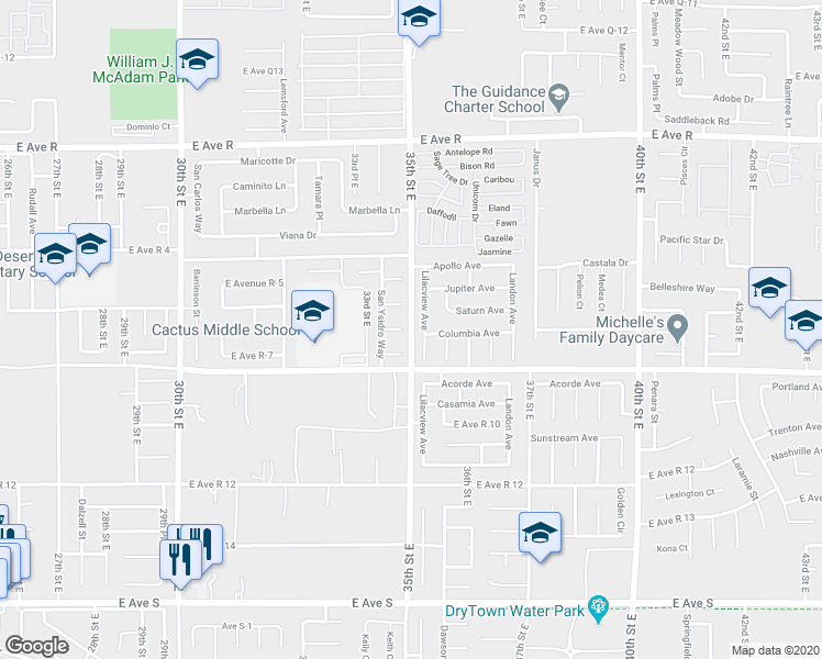 map of restaurants, bars, coffee shops, grocery stores, and more near 35th Street East in Palmdale