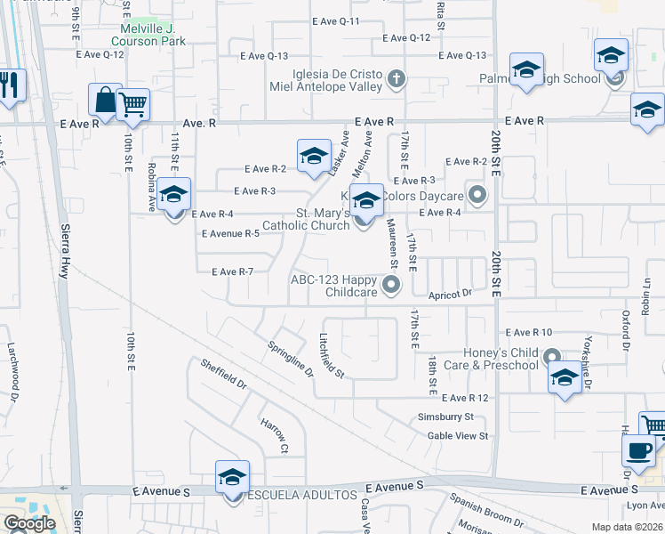 map of restaurants, bars, coffee shops, grocery stores, and more near 1527 East Avenue R 6 in Palmdale