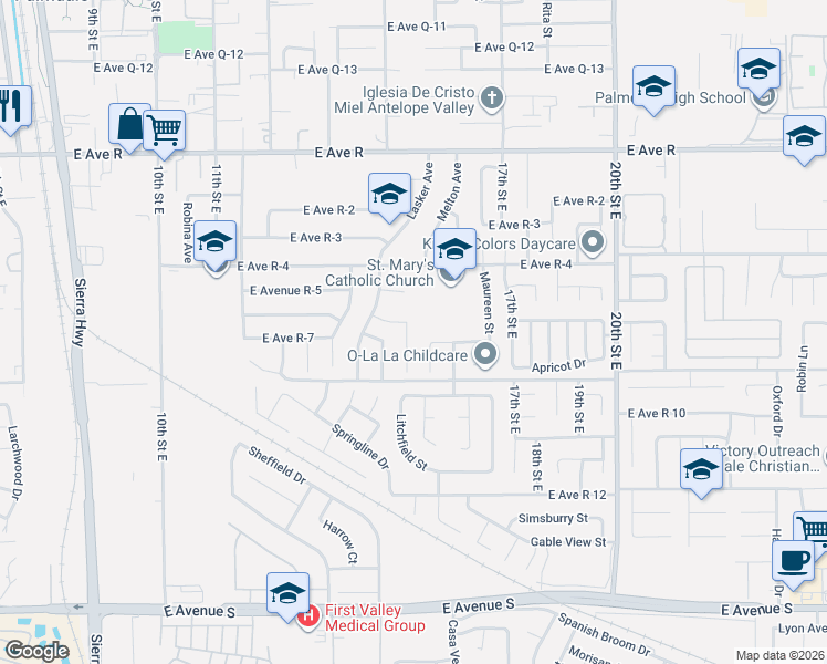 map of restaurants, bars, coffee shops, grocery stores, and more near 37654 Melton Avenue in Palmdale