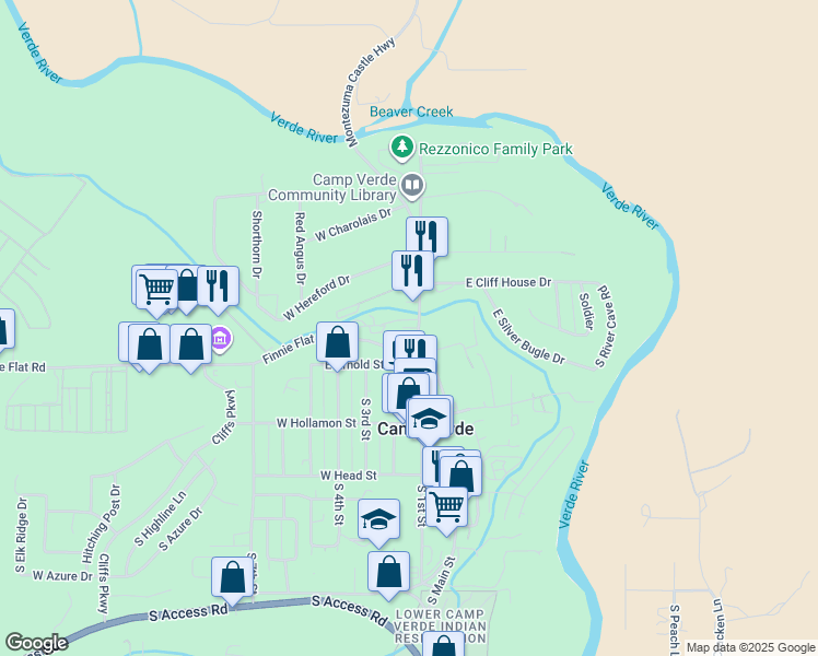 map of restaurants, bars, coffee shops, grocery stores, and more near 90 South Montezuma Castle Highway in Camp Verde