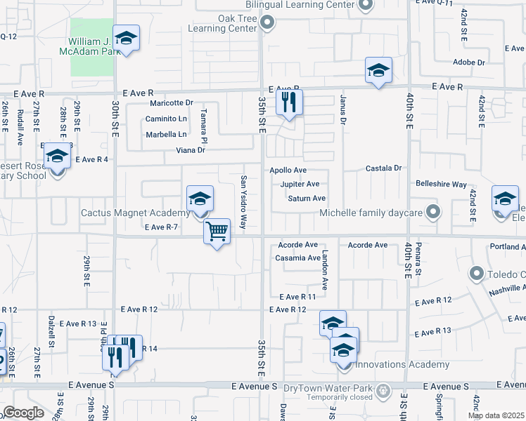 map of restaurants, bars, coffee shops, grocery stores, and more near 37674 35th Street East in Palmdale