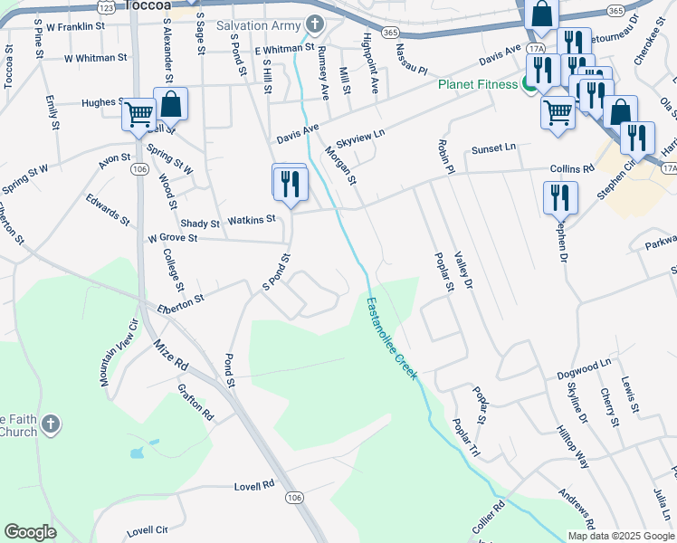 map of restaurants, bars, coffee shops, grocery stores, and more near 108 Hickory Court in Toccoa