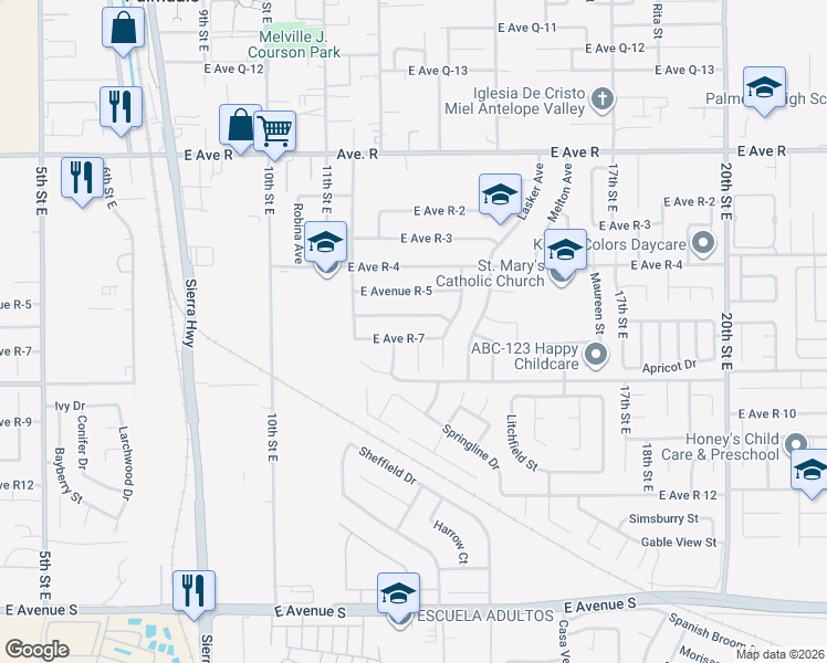 map of restaurants, bars, coffee shops, grocery stores, and more near 1223 East Avenue R7 in Palmdale