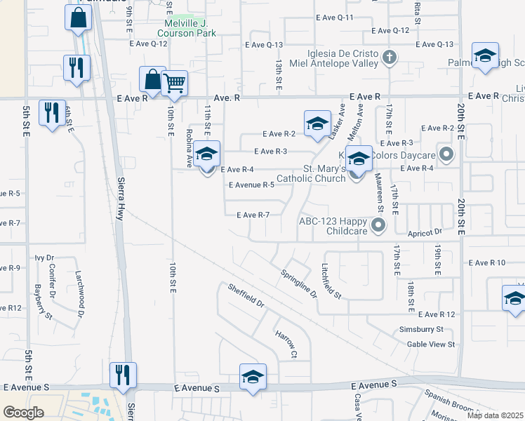 map of restaurants, bars, coffee shops, grocery stores, and more near 1223 East Avenue R7 in Palmdale