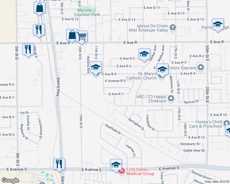 map of restaurants, bars, coffee shops, grocery stores, and more near 1209 East Avenue R 6 in Palmdale