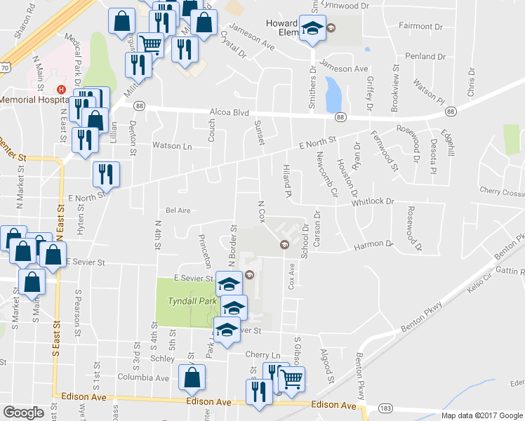 map of restaurants, bars, coffee shops, grocery stores, and more near North Cox in Benton