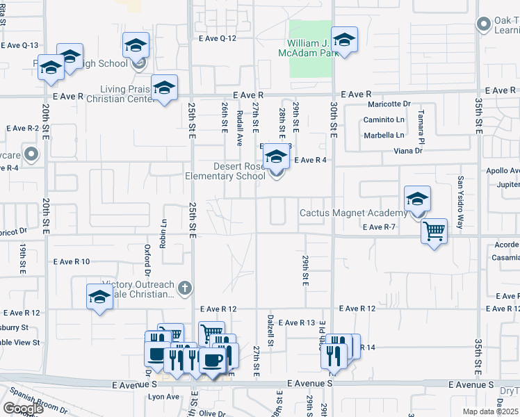 map of restaurants, bars, coffee shops, grocery stores, and more near 37642 27th Street East in Palmdale