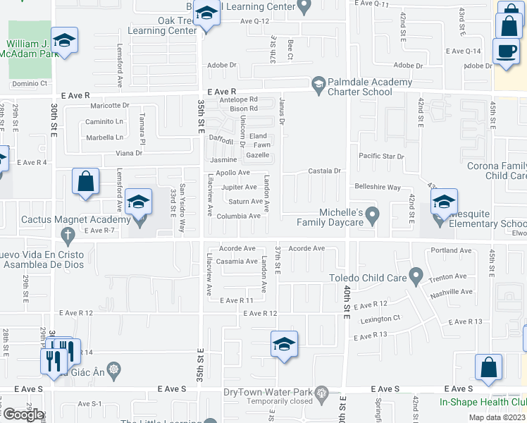 map of restaurants, bars, coffee shops, grocery stores, and more near 3645 Columbia Avenue in Palmdale