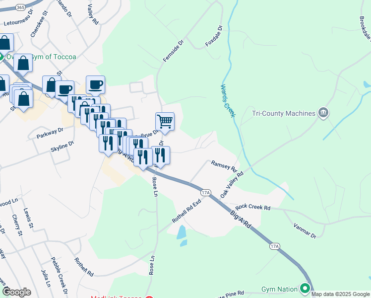 map of restaurants, bars, coffee shops, grocery stores, and more near 1763 Fernside Drive in Toccoa