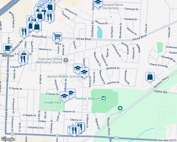 map of restaurants, bars, coffee shops, grocery stores, and more near 11 Hiland Place in Benton
