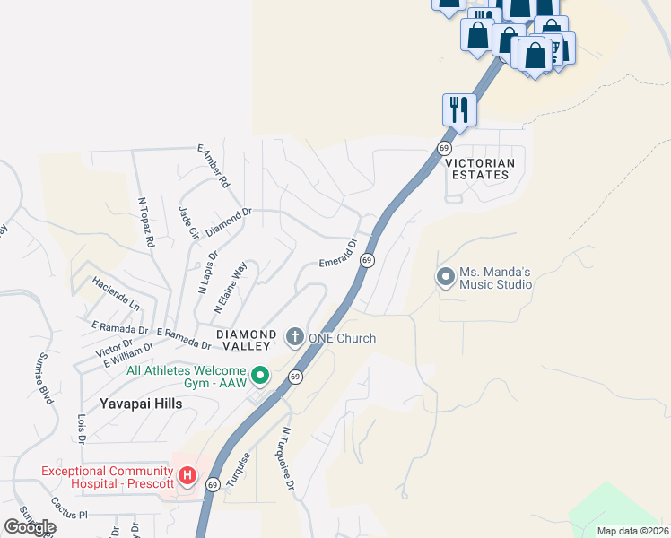 map of restaurants, bars, coffee shops, grocery stores, and more near 1650 Emerald Drive in Prescott