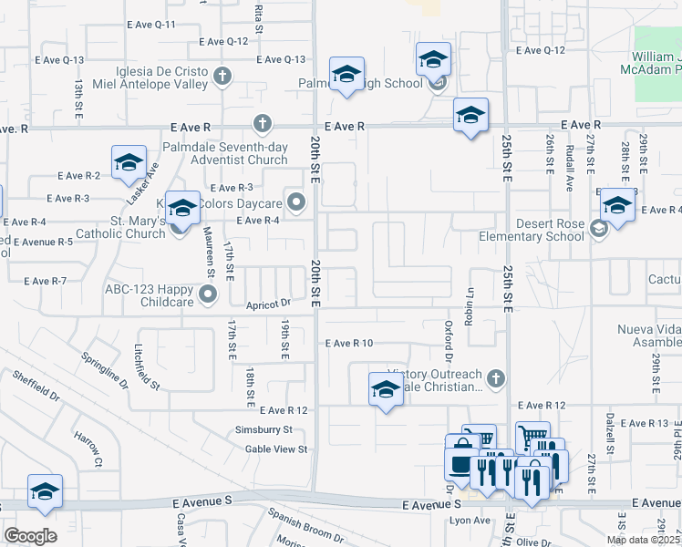 map of restaurants, bars, coffee shops, grocery stores, and more near 2037 Ashbrook Circle in Palmdale