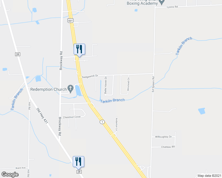 map of restaurants, bars, coffee shops, grocery stores, and more near 126 Darrow Creek Drive in Owens Cross Roads