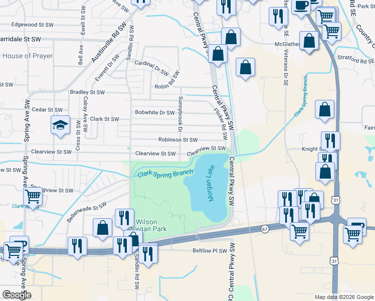 map of restaurants, bars, coffee shops, grocery stores, and more near 227 Robinson Street Southwest in Decatur
