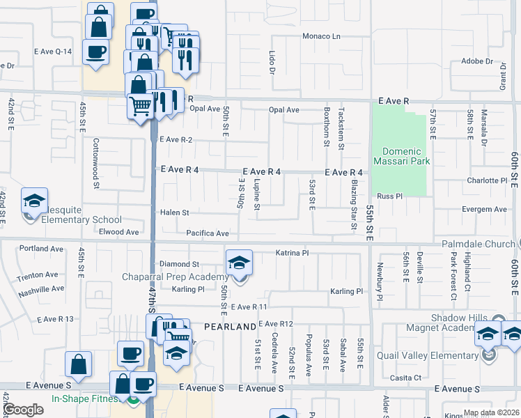map of restaurants, bars, coffee shops, grocery stores, and more near 5100 Cliff Rose Drive in Palmdale