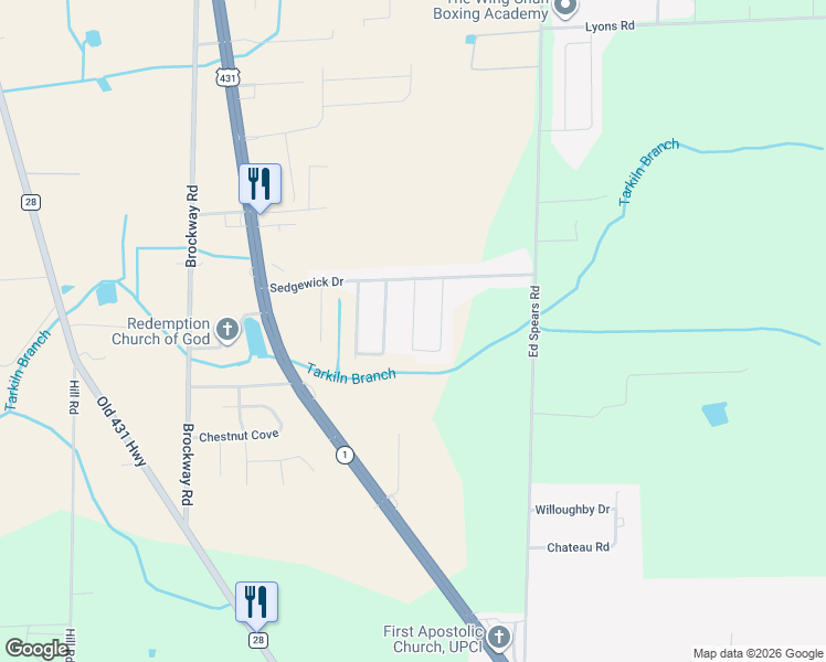 map of restaurants, bars, coffee shops, grocery stores, and more near 118 Winstead Circle in Owens Cross Roads