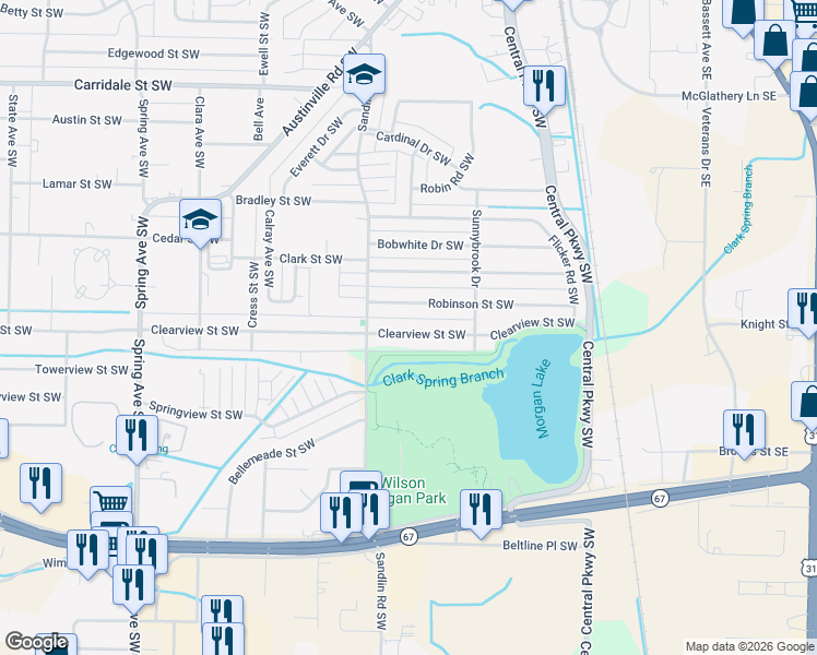map of restaurants, bars, coffee shops, grocery stores, and more near 315 Robinson Street Southwest in Decatur