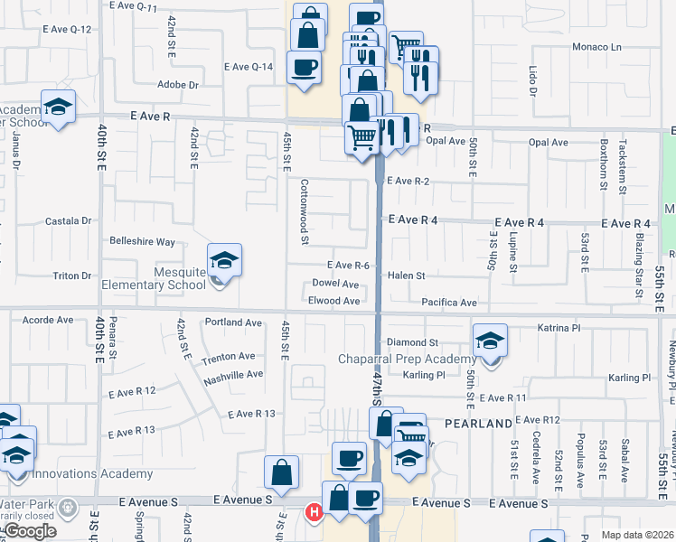 map of restaurants, bars, coffee shops, grocery stores, and more near 4604 East Avenue R 6 in Palmdale