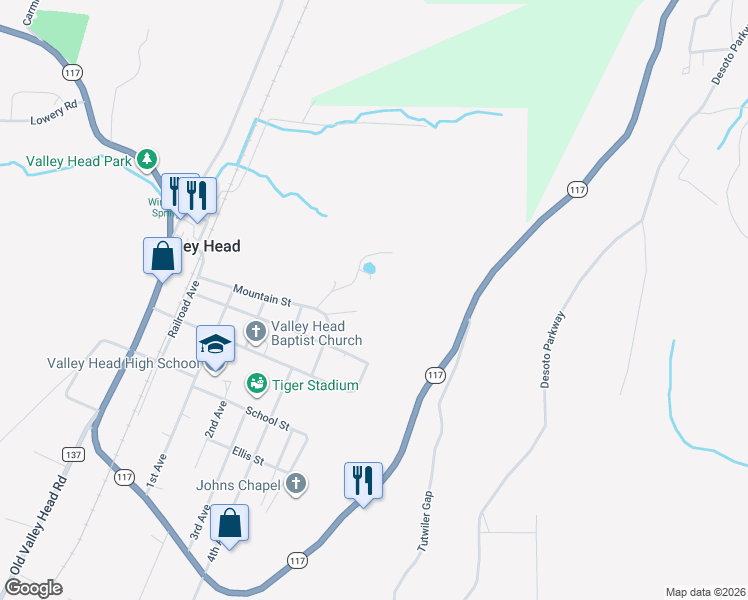 map of restaurants, bars, coffee shops, grocery stores, and more near 144 McNew Drive in Valley Head