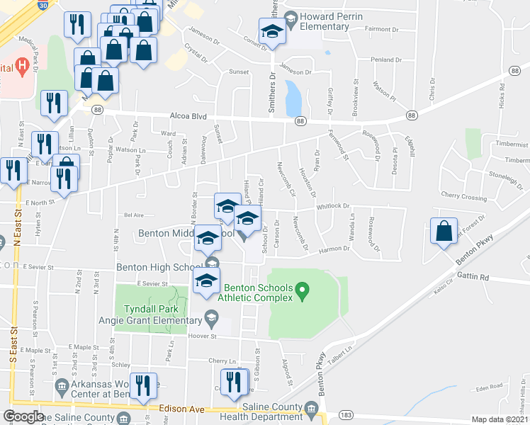 map of restaurants, bars, coffee shops, grocery stores, and more near 11 Hiland Place in Benton