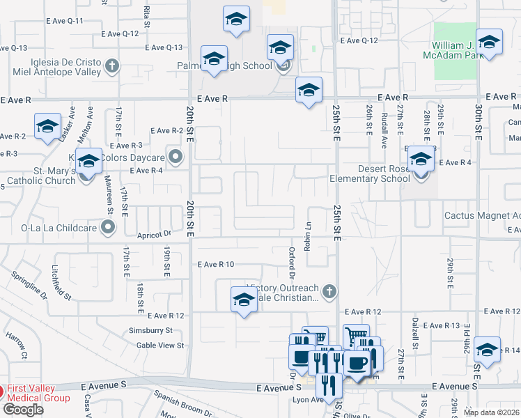 map of restaurants, bars, coffee shops, grocery stores, and more near 2202 Gregory Avenue in Palmdale