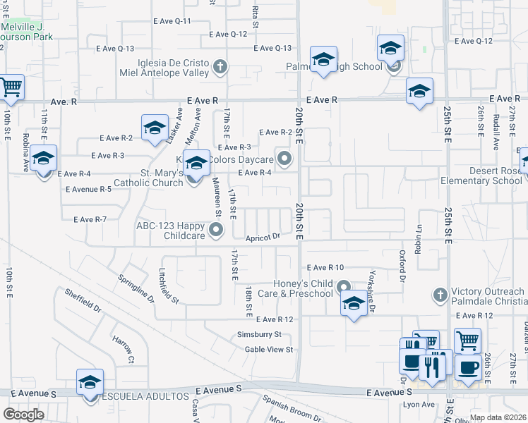 map of restaurants, bars, coffee shops, grocery stores, and more near 37657 19th Street East in Palmdale