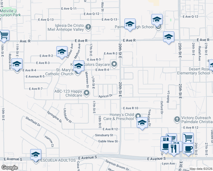 map of restaurants, bars, coffee shops, grocery stores, and more near 37657 19th Street East in Palmdale