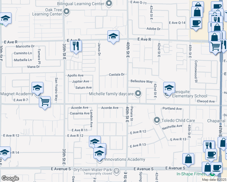 map of restaurants, bars, coffee shops, grocery stores, and more near 3811 Triton Drive in Palmdale