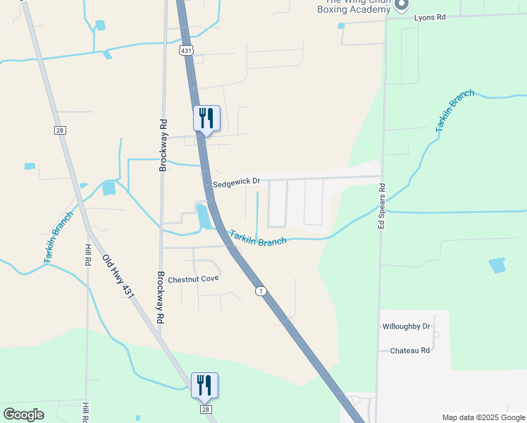 map of restaurants, bars, coffee shops, grocery stores, and more near 119 Blackwell Court in Owens Cross Roads