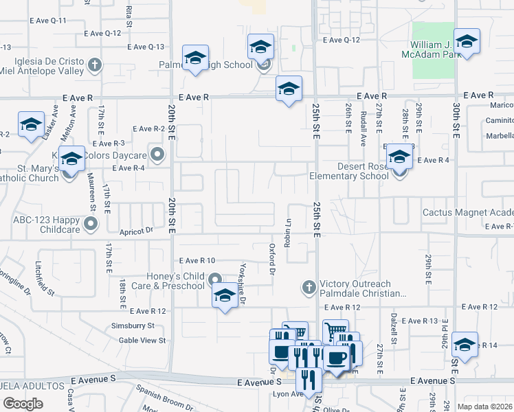 map of restaurants, bars, coffee shops, grocery stores, and more near 2247 Gregory Avenue in Palmdale