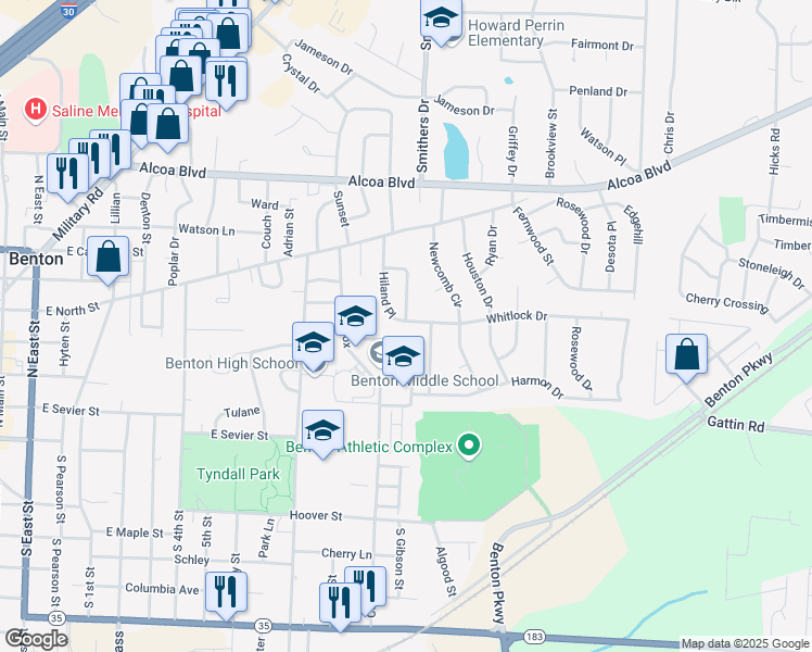 map of restaurants, bars, coffee shops, grocery stores, and more near 29 Hiland Place in Benton