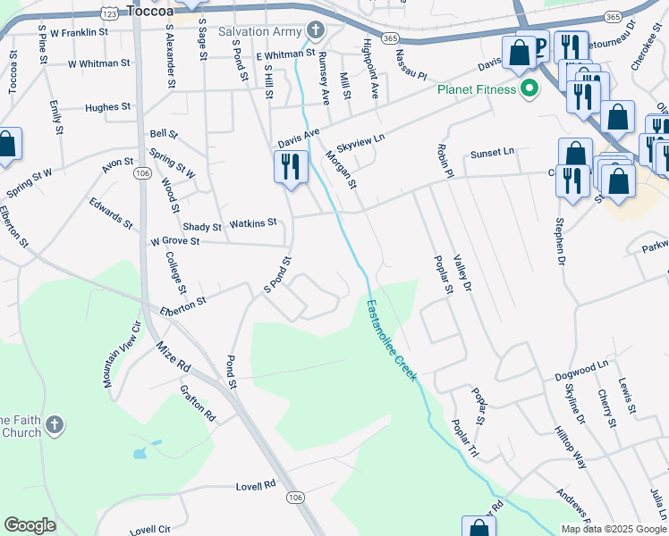 map of restaurants, bars, coffee shops, grocery stores, and more near 108 Hickory Court in Toccoa