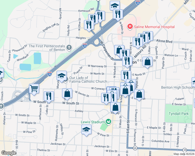 map of restaurants, bars, coffee shops, grocery stores, and more near 402 A Avenue in Benton