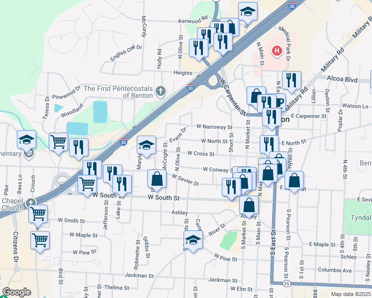 map of restaurants, bars, coffee shops, grocery stores, and more near 708 West North Street in Benton