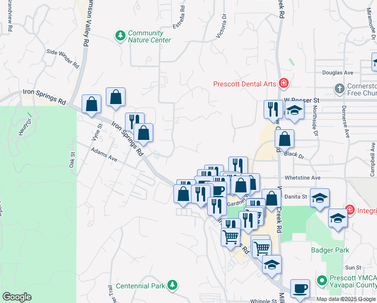 map of restaurants, bars, coffee shops, grocery stores, and more near 1270 Los Arcos Drive in Prescott