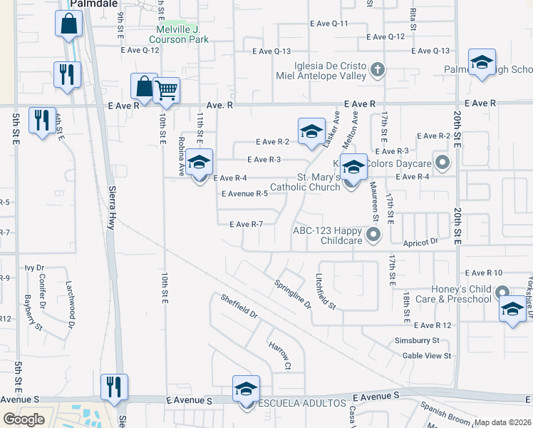 map of restaurants, bars, coffee shops, grocery stores, and more near 1252 East Avenue R 6 in Palmdale