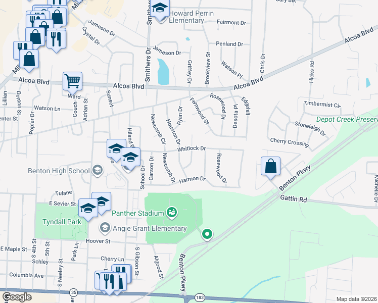 map of restaurants, bars, coffee shops, grocery stores, and more near 1804 Whitlock Drive in Benton