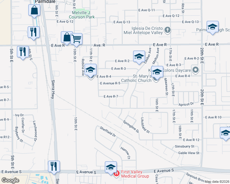 map of restaurants, bars, coffee shops, grocery stores, and more near 1253 East Avenue R 6 in Palmdale