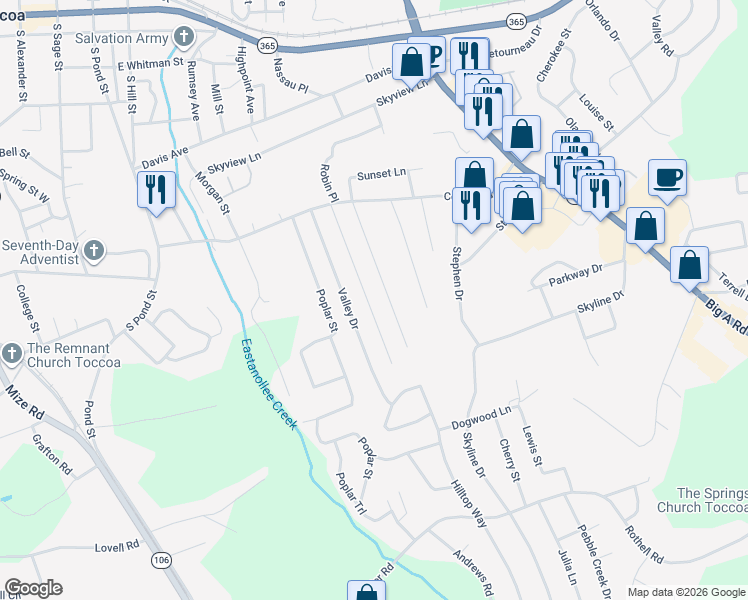 map of restaurants, bars, coffee shops, grocery stores, and more near 232 Hilltop Lane in Toccoa