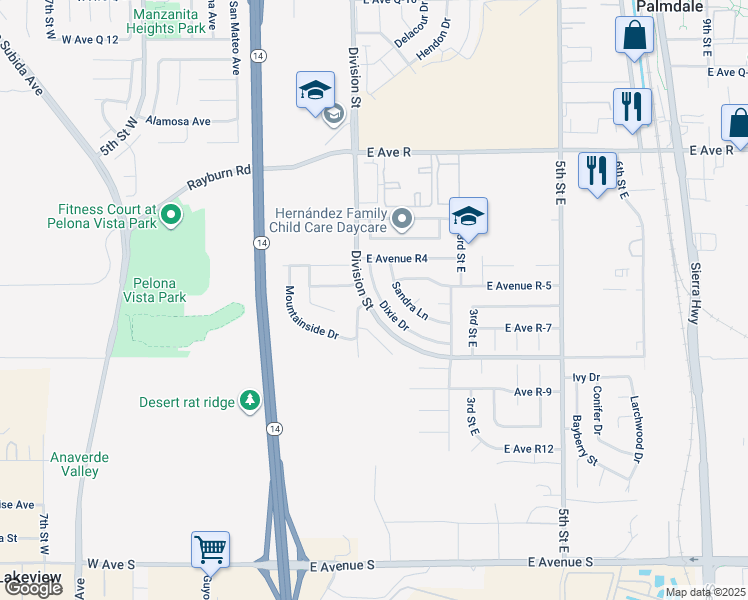 map of restaurants, bars, coffee shops, grocery stores, and more near 37707 Dixie Drive in Palmdale