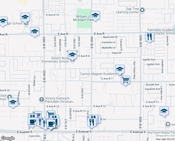 map of restaurants, bars, coffee shops, grocery stores, and more near 37643 Cluny Avenue in Palmdale