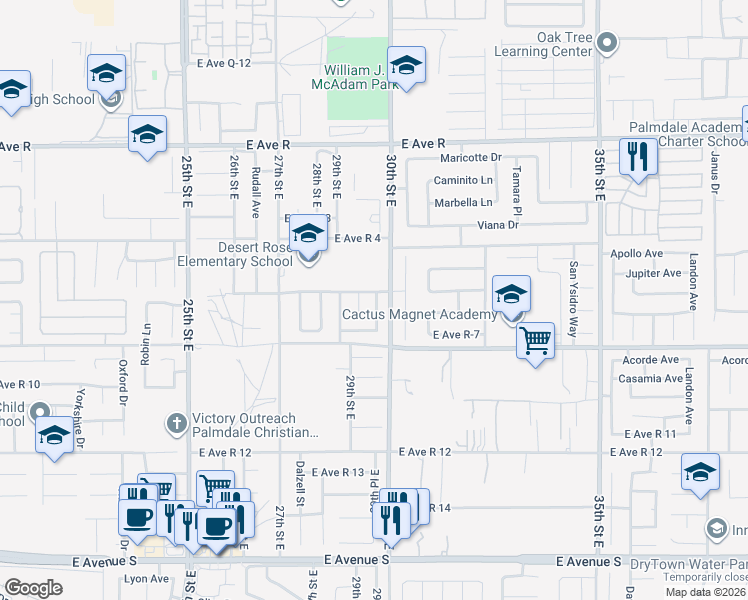 map of restaurants, bars, coffee shops, grocery stores, and more near 37643 Cluny Avenue in Palmdale