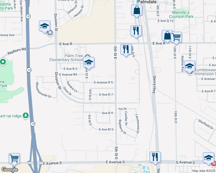 map of restaurants, bars, coffee shops, grocery stores, and more near 424 East Avenue R-5 in Palmdale