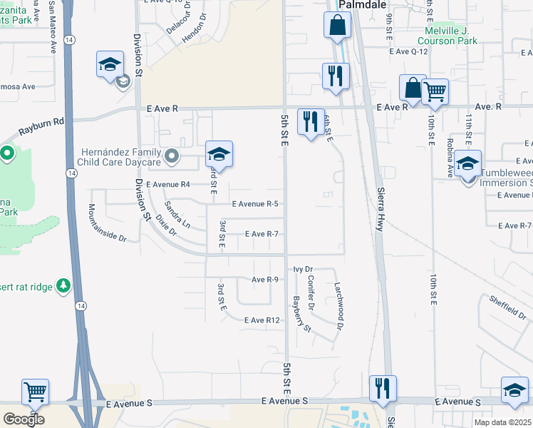 map of restaurants, bars, coffee shops, grocery stores, and more near 431 East Avenue R 6 in Palmdale
