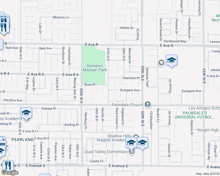 map of restaurants, bars, coffee shops, grocery stores, and more near 5703 Evergem Avenue in Palmdale