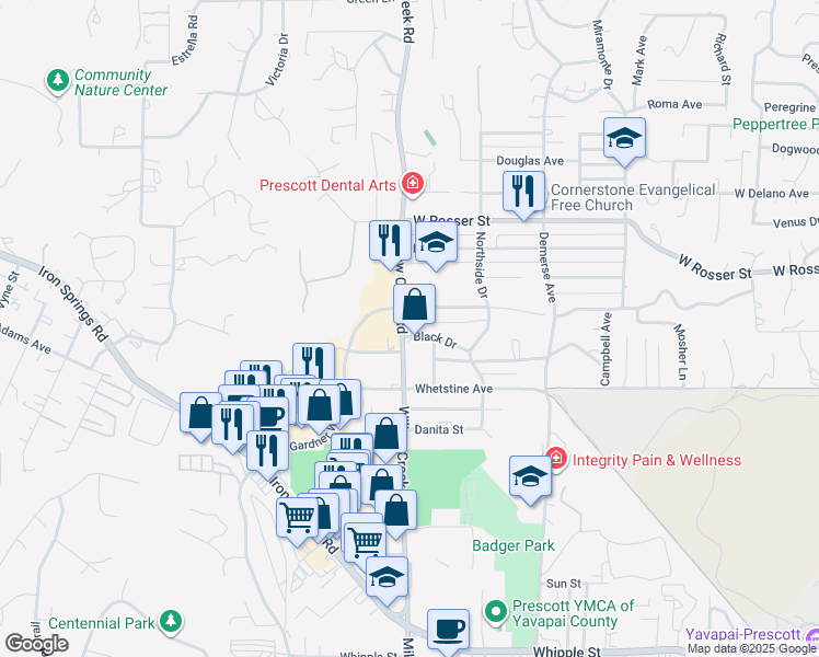 map of restaurants, bars, coffee shops, grocery stores, and more near 1301 Willow Creek Road in Prescott