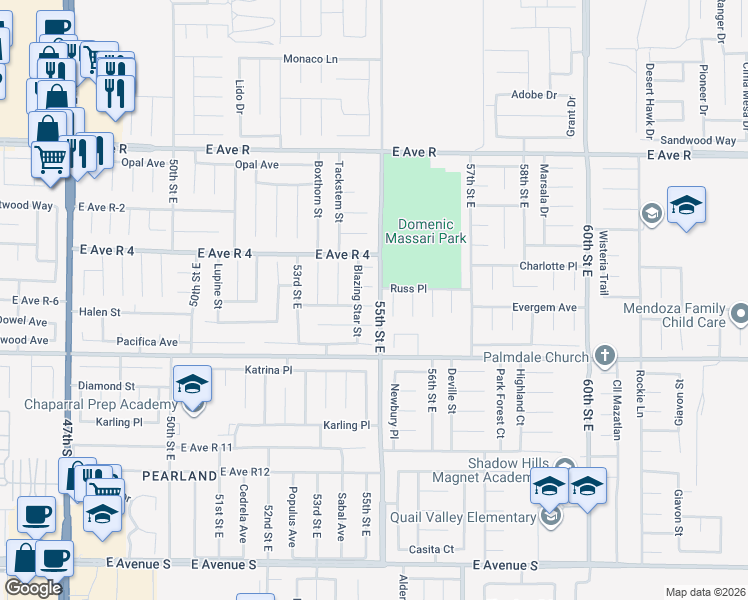map of restaurants, bars, coffee shops, grocery stores, and more near 5389 Evergem Avenue in Palmdale