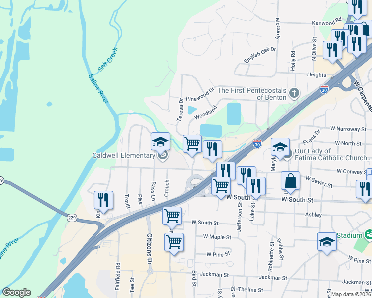 map of restaurants, bars, coffee shops, grocery stores, and more near 512 Teresa Drive in Benton