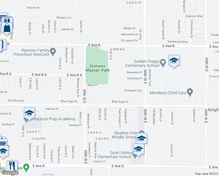 map of restaurants, bars, coffee shops, grocery stores, and more near 37707 57th Street East in Palmdale