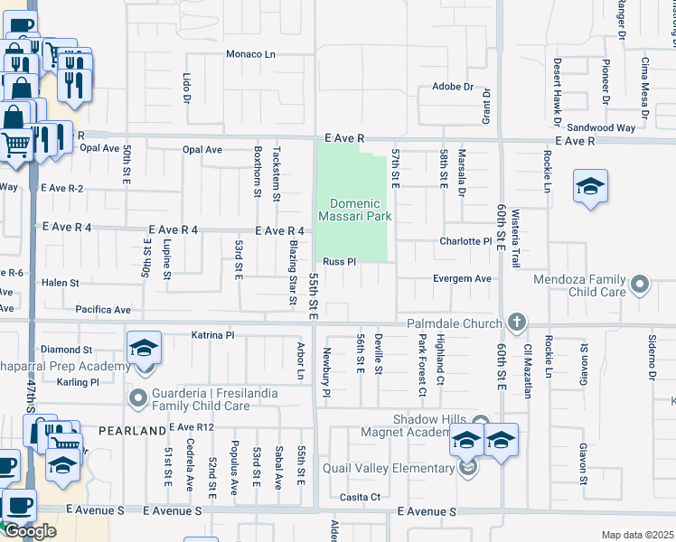 map of restaurants, bars, coffee shops, grocery stores, and more near 37707 Segovia Way in Palmdale